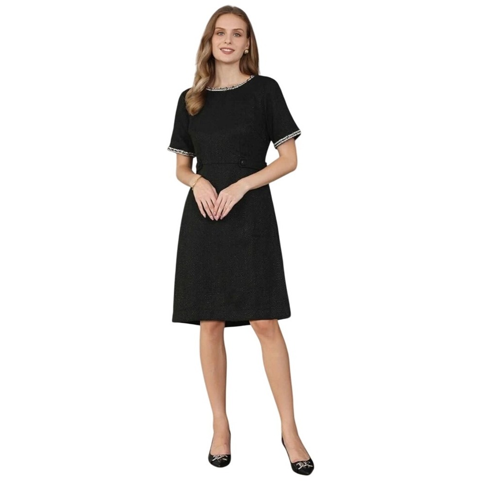 Hobemty Black Tweed Shift Dress with Embellished Neckline‎ and Cuffs Size M NWT